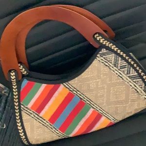 Colorful Straw Bag with Flat Wooden Handles